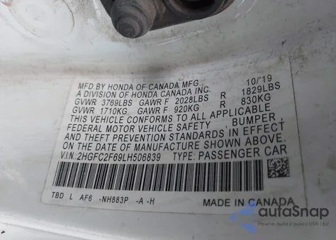 2020 Honda Civic Lx z USA, uszkodzony, nr VIN 2HGFC2F69LH506839